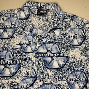 South‎ Pole Y2K VTG Mens XL All Over Pattern Logo Button Up Shirt Hip Hop Baggy